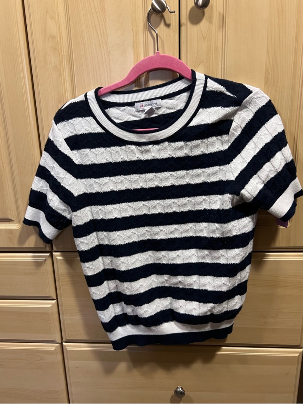 Liz Claiborne Navy and White Textured Striped Knit Top